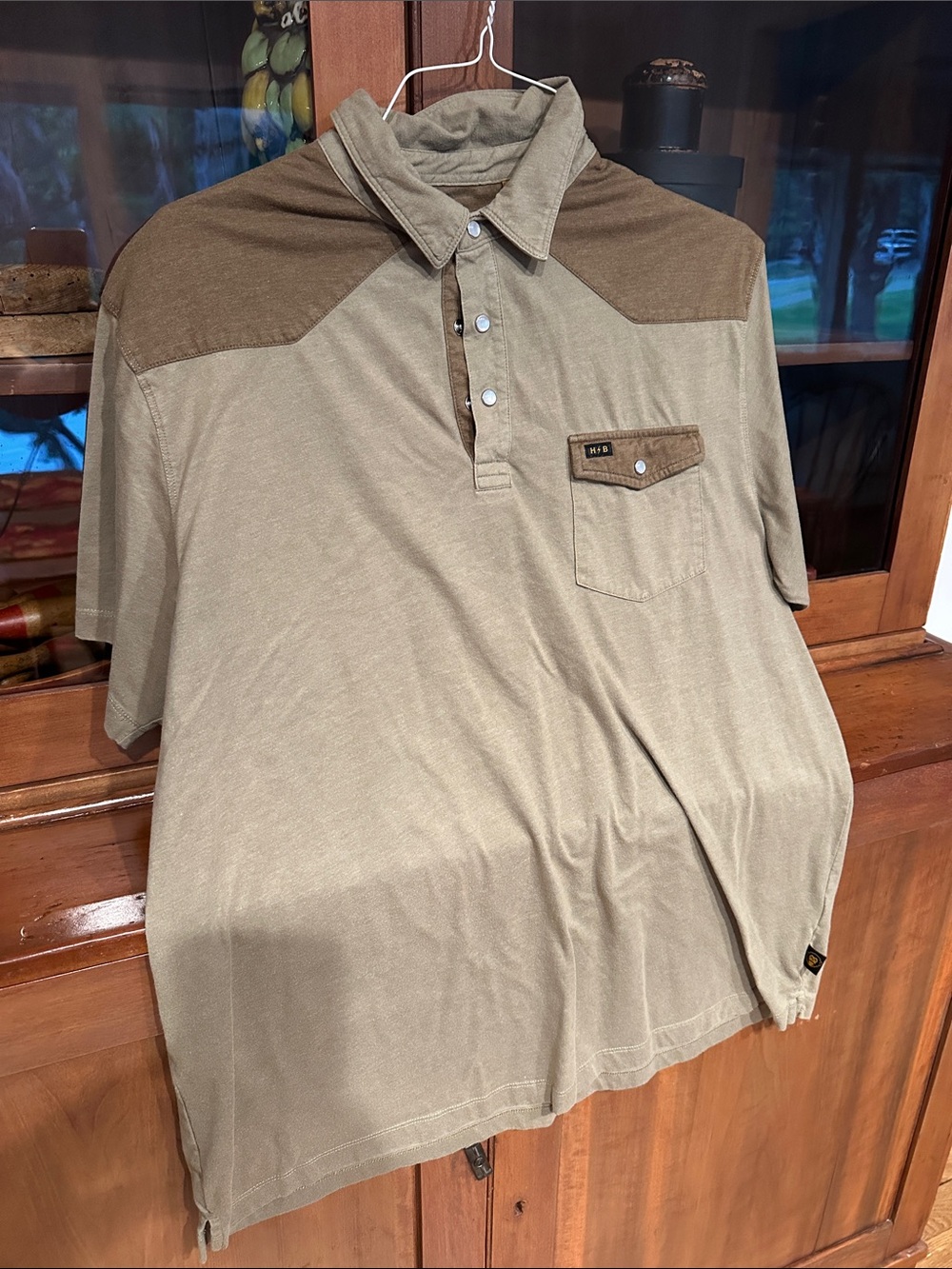 Howler Brothers Pearl Snap Two-Tone Olive and Brown Polo